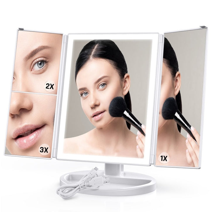 Trifold Cosmetic Mirror Up to 3x Magnification w/ LED Lighting Bars & Adjustable Brightness