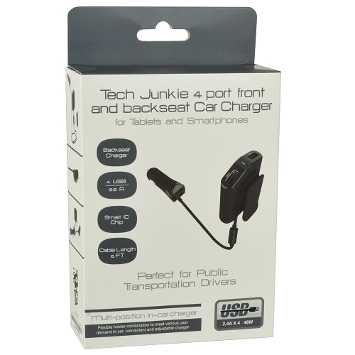 Tech Junkie TJ2270 4.8A 48W 4-Port Front and Backseat USB Car Charger in Balack