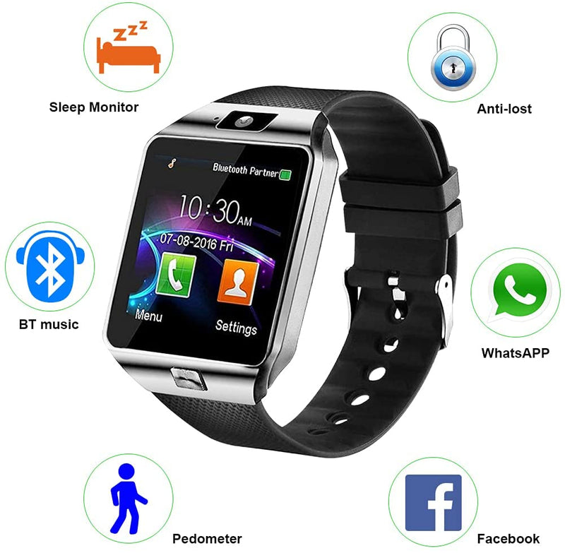 Bluetooth Smartwatch, Touchscreen Activity Tracker with SIM Card Slot & Camera For IOS/Android in Black