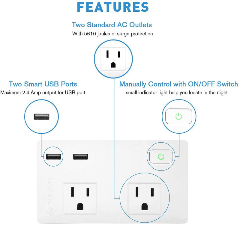 Etekcity Wall Surge Protector Power Strip 2 USB Charging Ports - White