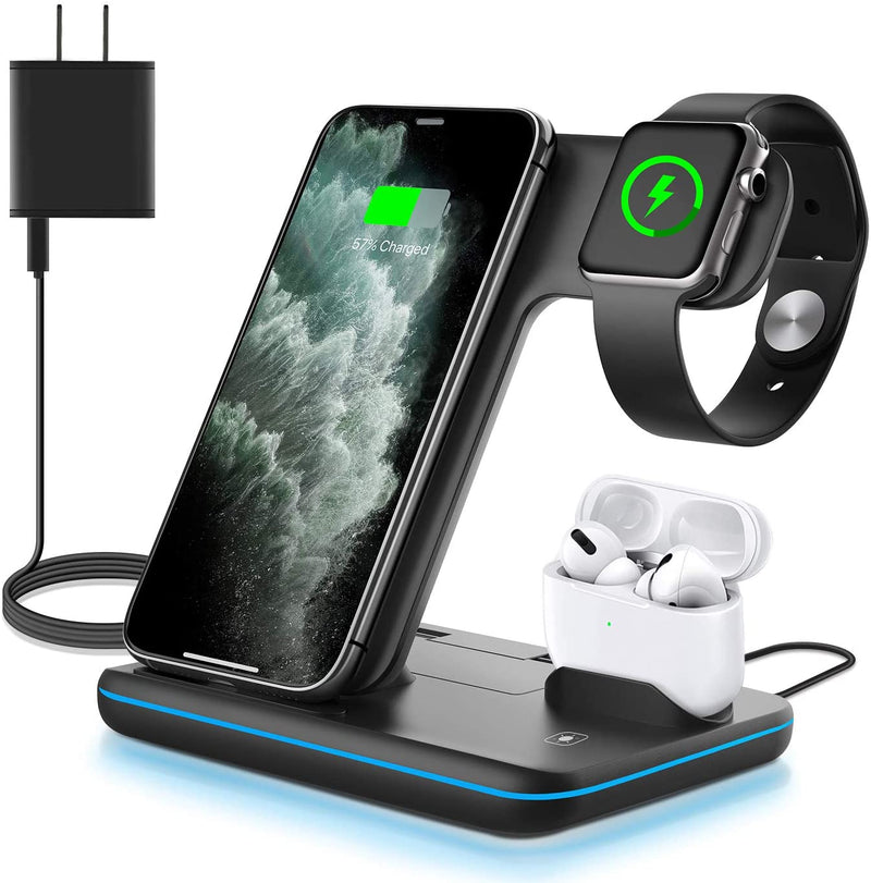 Wireless Charger 3 in 1, 15W Fast Charging Station for iPhone, Apple Watch & AirPods