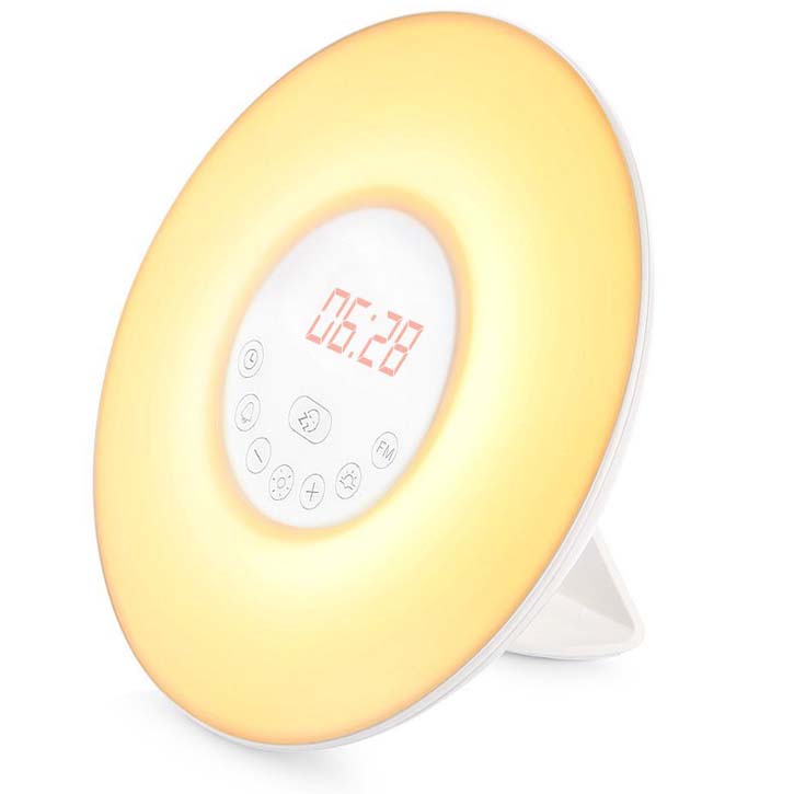 Sunrise Alarm Clock & Dusk Fading Nightlight w/ Nature Sounds, FM Radio, Touch Control and USB Charger
