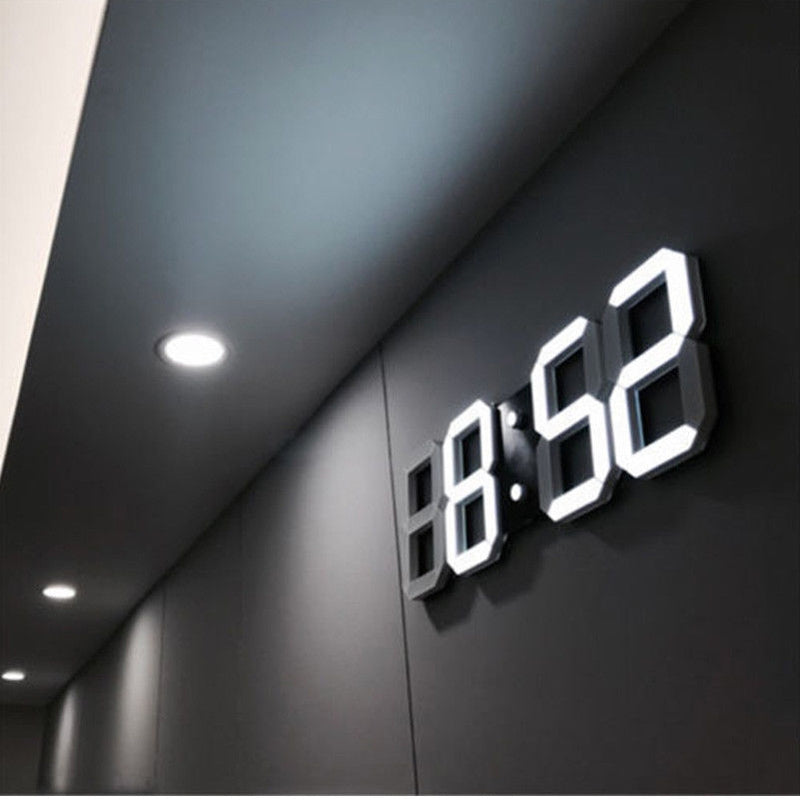 Modern Digital 3D White LED Wall Clock Alarm Clock in White
