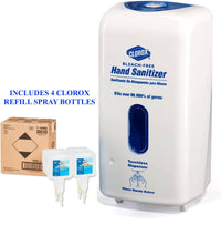 CLOROX No-Touch Hand Sanitizer Dispenser + 4-Pack Refill Spray Bottles, Adjustable Sensor in White